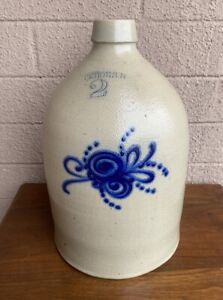 Antique Salt Glazed Beehive 2 Gallon Jug Stoneware Farrar Geddes N Y Crock 