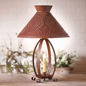 Betsy Ross Colonial Table Lamp With Pierced Chisel Pattern Shade In Rustic Tin