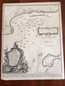 Rare 1745 Folded Map Bay Of Bulls Rotta Fort St Catherine Cadiz Spain Europe