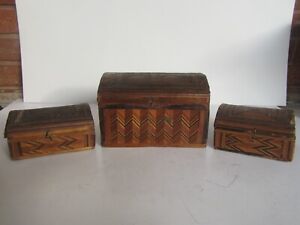 Antique 3 19th Century Inlay Tramp Art Domed Wood Boxes