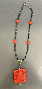 Chinese Vintage Cinnabar Necklace With Black Onyx Beads 925 Beads Clasp