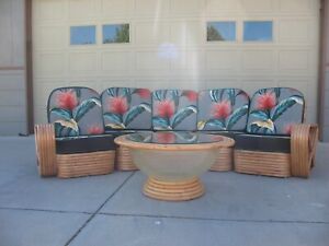 Rare Art Deco Paul Frankl Rattan 6 Band Curved 3 Piece Sofa With Reversible
