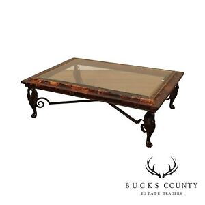 Maitland Smith Large Glass Top Faux Tortoise Shell Coffee Table Bronze Swan Legs