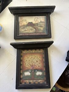 Primitive Wall Decor Pictures Sheep Country Core Farmhouse Wood Frame Lot Of 2