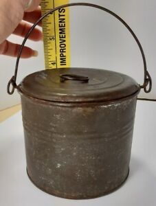 Antique Tin Lunch Pail Berry Bucket With Lid 4 Tall X 4 Diameter