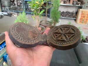 Antique Old Handcrafted Wooden Geometry Pattern Carved Cookie Cutter Shaper