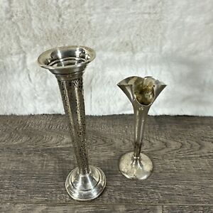 Pair Small Vintage Sterling Silver Trumpet Bud Vase Weighted 5 6 5 Tall