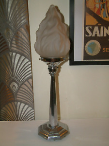  Original 1930s 8 Sided Chrome Art Deco Lamp Lampe Frosted Flame Flambe Shade 