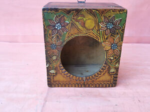 Antique Primitive Old Hand Painted Wooden Wall Hanging Clock Box