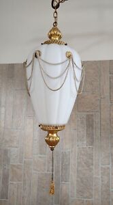  Vintage Hollywood Regency Large Brass Frosted Globe Draped Chain Swag Lamp 