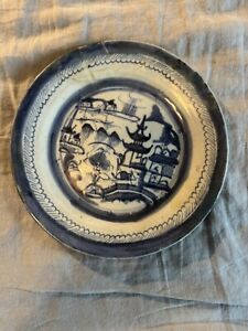 Antique Chinese Canton Plate Blue White Porcelain Qing Export 9 In Wide