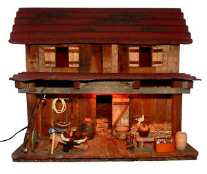 Primitive Large Heavy 15 Pd Wooden Metal Roof Lighted Barn W Decorative Pieces