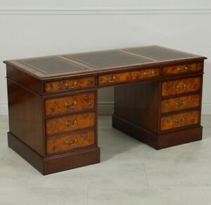 English Pedestal Desk Solid Mahogany And Burl Brown Leather Top
