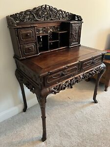 Antique 19th Century Heavy Carved Wood Chinese Desk Dragons Birds Flowers Bamboo