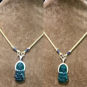 Fine China Jade Buddha Pendant Pair Kwan Yin Gold Diamond Necklace Jewelry Gift