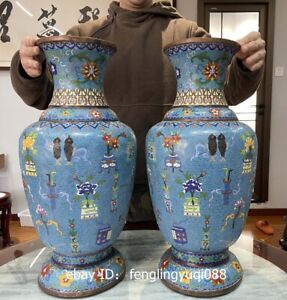 China Royal Palace Handmade Old Copper Cloisonne Enamel Vase Pair High 52cm