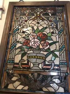 Antique Stained Glass Window Magnificent Roses In A Pot