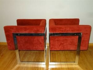 Pair Milo Baughman Thayer Coggin 1970s Rust Orange Chrome Frame Cube Chairs