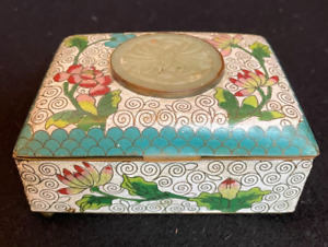 Antique Chinese Cloisonn Dresser Box White Jade Insert