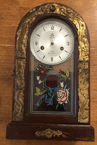 Antique Chinese Pendulum Swing Clock With Floral Decor On Glass