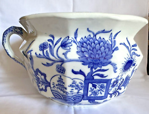 Antique Mason Ironstone China Chamber Pot Flow Blue Floral Design Serpent Handle