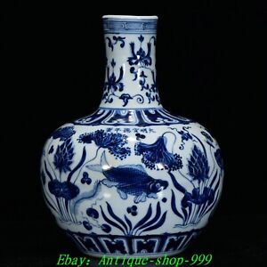 11 Ming Dynasty Blue White Porcelain Fengshui Flower Fish Sea Grass Vase Bottle