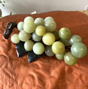 Vtg Chinese Alabaster Marble Hand Carved Stone Jade Grape Cluster Leaves Stem