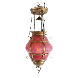 Antique Victorian Ribbed Cranberry Opalescent Glass Brass Pendant Hall Light