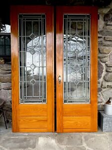 Antique Set 2 French Doors 1920s Leaded Etched Stained And Beveled Vg Cond