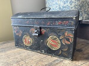 Best Antique 19th C Hand Painted Tin Box Tole Ware Good Latch Hinge Top Hoop