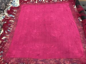 Antique Chinese Hand Embroidered Silk Piano Shawl 120 X 120 Fringe 35 Cm