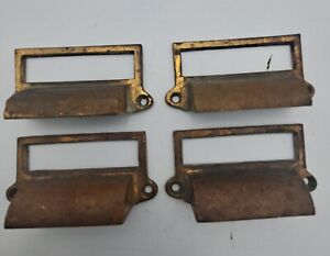 Antique Brass Bronze Bin Drawer Cabinet Door Pulls Handles Original Lot Of 4