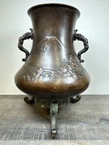 Rare Antique Japanese Mt Fuji Scenic Ornate Tripod Bronze Vase Meiji 9 