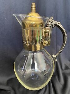 Vintage Brass Glass Tea Coffee Warmer Carafe Pitcher