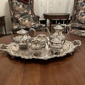 Reed And Barton Silver Plated Tea Set W Tray Regent 5600c Hand Chased 1960 S