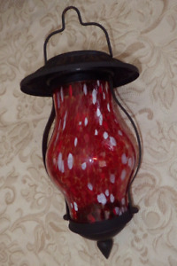 Vintage Victorian Marbled Slag Art Glass Hanging Red Lantern Candle Wrought Iron