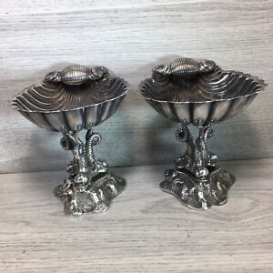 2x William Hutton Antique Silver Plated Figural Dolphins Shell Bon Dishes Signed