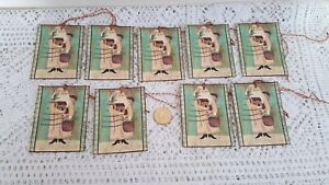 9 Primitive Christmas Farmhouse Santa Handmade Linen Cardstock Gift Hang Tags
