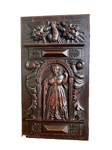 Folk Art Primitive Gothic 17thc Carved Oak Panel Relief Maiden Eagle