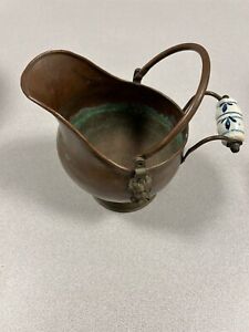 Vintage Brass Coal Bucket Scuttle W Ceramic Handle Copper Fastenings Lion Heads