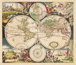 1703 World Map Historic Vintage Style Old World Wall Map Poster 24x28