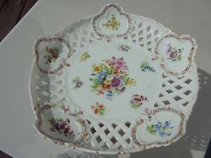 Antique Vintage Von Schierholz Germany Hp Porcelain Lg Compote Floral Bouquets