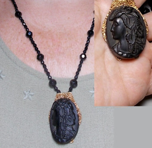 Black Mourning Vulcanite Bacchante Cameo 1860 Victorian W Grapes Necklace Ooak