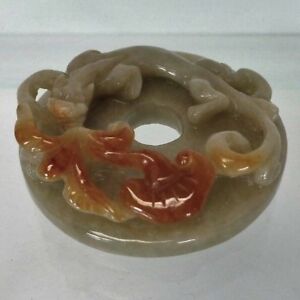 Antique Vintage Chinese Archaic Style Bi Disc Round Jade Carved Chilong Pendant