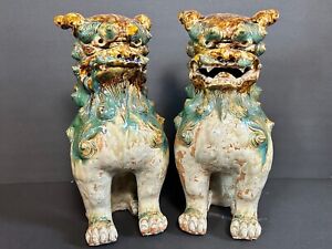 Antique Glazed Japanese 15 H Terracotta Sanchai Foo Dogs Pair