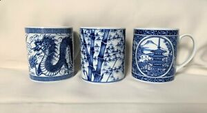 Lot Of 3 Antique Chinese Blue White Mug Porcelain Handcrafted 19th Stamp 3afe