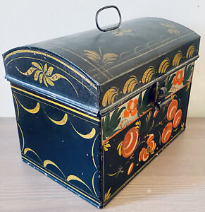 Early 19th Century Paint Decorated Tole Document Box Toleware Domed Lid Large