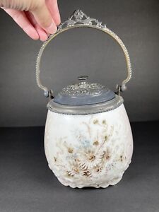 Antique Wavecrest Satin Art Glass Hand Painted Floral Biscuit Jar Silver Plate