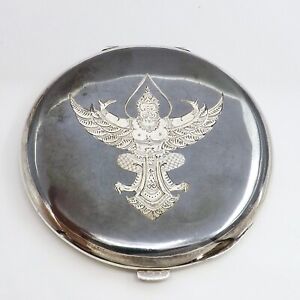 Antique Thai Nakon Sterling Silver Niello Garuda Ladies Compact Mirror Powder