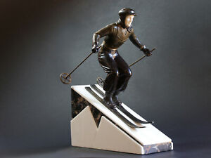 The Skier Of St Moritz 1929 Rare Large Size Bronze With Marble Base Art Deco